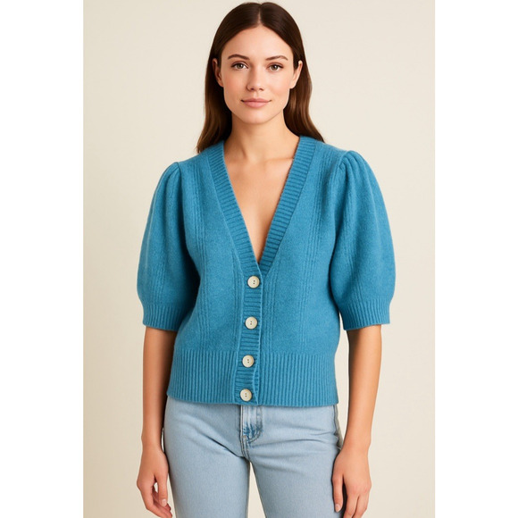 Anthropologie Greylin Puff Short Sleeve Cardigan Sweater Large Teal Romantic - Picture 2 of 13